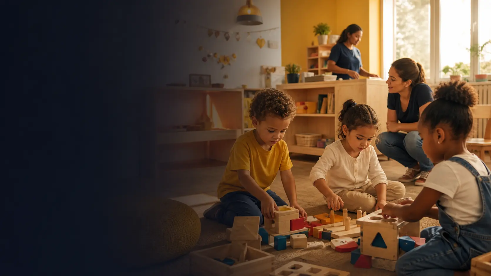 Crianças em um ambiente acolhedor acompanhadas pela equipe infantil